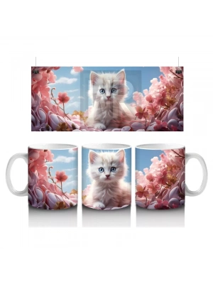 Kiraz Çiçekleri Arasında Oturan Mavi Gözlü Kedi – Baskılı Kahve Kupası
