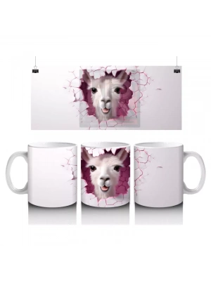 Kırık Duvar Arasında Bakan Sevimli Lama Yavrusu - Baskılı kahve kupası