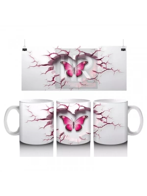 Kırık Kalpli Zeminden Yükselen Pembe Kelebek - Baskılı kahve kupası