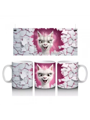 Kırık Seramik Duvar Arasından Bakan Neşeli Lama - Baskılı kahve kupası