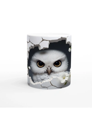 Kırık Seramikten Bakan Beyaz Baykuş Baskılı Kupa Bardak