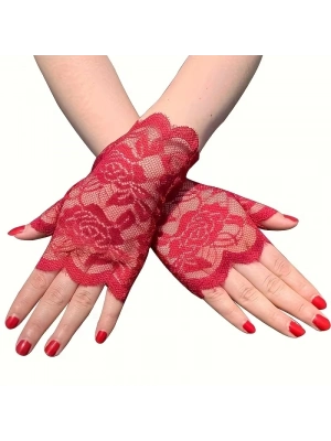 Kırmızı Dantel Parmaksız Kısa Eldiven