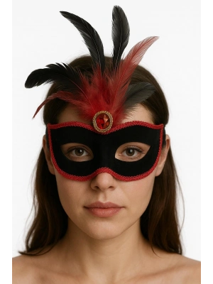 Kırmızı Dantelli Siyah Kırmızı Tüylü Siyah Süet Kaplama Parti Maskesi 17x25 Cm