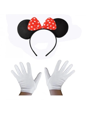 Kırmızı Fiyonklu Minnie Mouse Tacı ve Beyaz Eldiven Seti