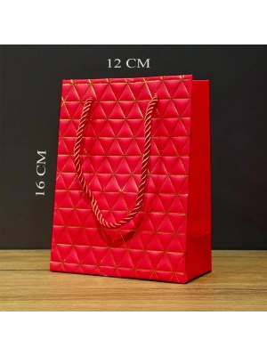 Kırmızı Geometrik Desenli Mini Boy Karton Hediye Çantası