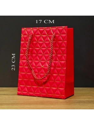 Kırmızı Geometrik Desenli Orta Boy Karton Hediye Çantası