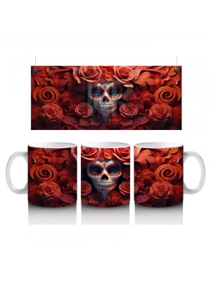 Kırmızı Gül Duvarı Önünde Gotik Kafatası – Hediyelik Kahve Kupası