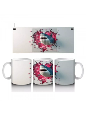 Kırmızı Kalplerle Kaplı Arka Planda Zıplayan Köpekbalığı - Baskılı kahve kupası