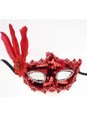 Kırmızı Payetli Pullu Tüylü Parti Maskesi