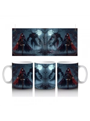 Kırmızı Pelerinli Silüet Figürlü Sisli Gece Temalı Gotik Cadılar Bayramı Baskılı Kupa Bardak