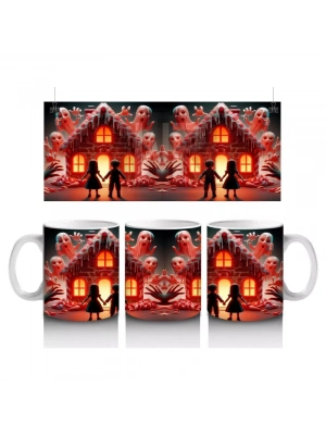 Kırmızı Perili Kurabiye Ev Temalı Renkli Cadılar Bayramı Baskılı Kupa