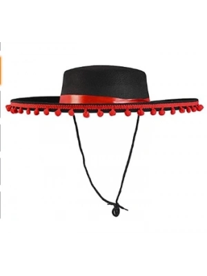 Kırmızı Ponponlu Siyah Renk Çocuk İspanyol Şapkası