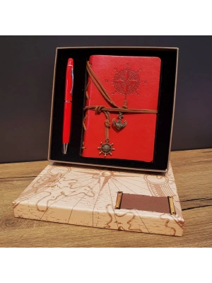 Kırmızı Pusula Tasarım Deri Defter Ve Touchpen Kalem Seti