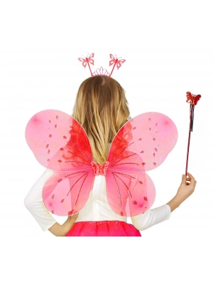 Kırmızı Renk Çocuk Kelebek Kanadı Tacı Ve Asa Seti 50 Cm