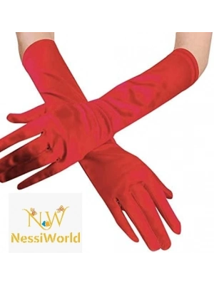Kırmızı Renk Dirseğe Kadar Uzun Kumaş Eldiven 40 cm