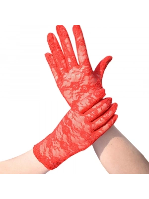 Kırmızı Renk Kısa Dantelli Eldiven