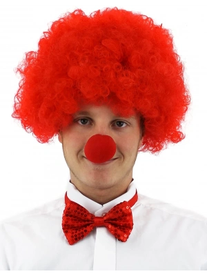 Kırmızı Renk Kıvırcık Afro Bonus Peruk Takma Saç Ve Kırmızı Burun Seti