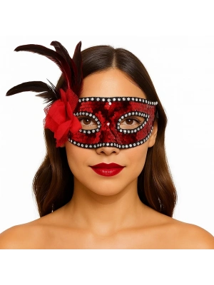 Kırmızı Renk Yandan Tüylü Güllü Gümüş Taşlı Pullu Maske 20x22 Cm