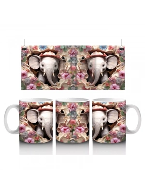 Kırmızı Şapkalı Filler Arasında Çiçekler – Baskılı Kahve Kupası