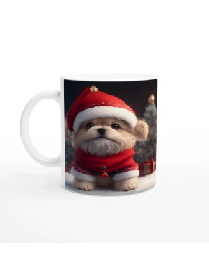 Kırmızı Şapkalı Mini Noel Köpeği Baskılı Kupa Bardak