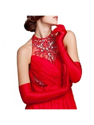 Kırmızı Saten Gece Eldiveni