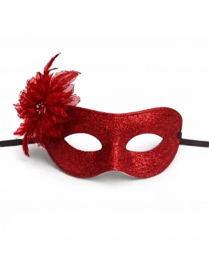 Kırmızı Simli Tüylü Balo Maskesi – Kadın Parti & Maskeli Balo Maskesi