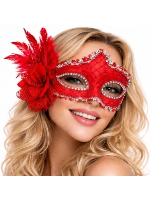 ® Kırmızı Tüylü Venedik Lüks Balo Maskesi