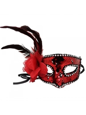 Kırmızı Yandan Tüylü Güllü Taşlı Pullu Maske