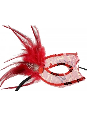 Kırmızı Yandan Tüylü Payetli Parti Maskesi