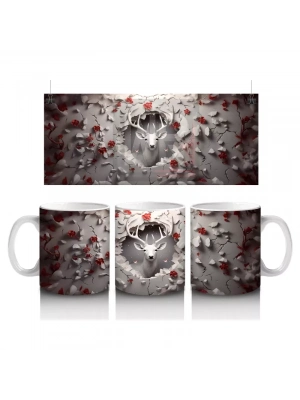 Kırmızı Yapraklarla Sarılmış Gotik Geyik İllüstrasyonu - Baskılı kahve kupası