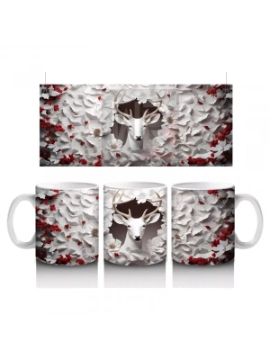 Kırmızı Yapraklı Çiçek Duvarı Önünde Gotik Geyik Figürü - Baskılı kahve kupası