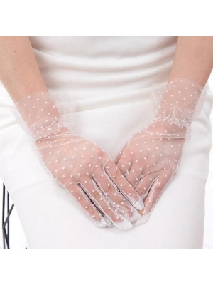 Kısa Boy Güpürlü Beyaz Puantiyeli Tül Eldiven