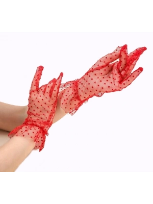 Kısa Boy Güpürlü Kırmızı Puantiyeli Tül Eldiven Kırmızı Renk