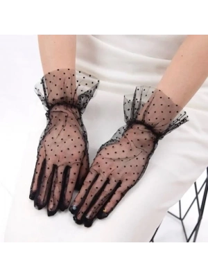 Kısa Güpürlü Siyah Puantiyeli Tül Eldiven