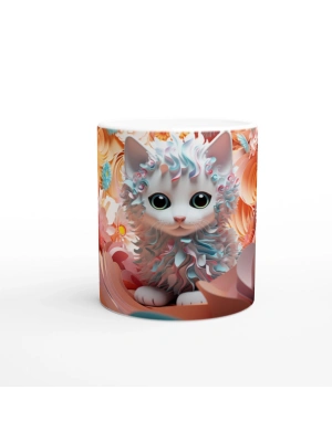 Kıvırcık Tüylü Sevimli Kedi ve Renkli Çiçekler Baskılı Kupa Bardak