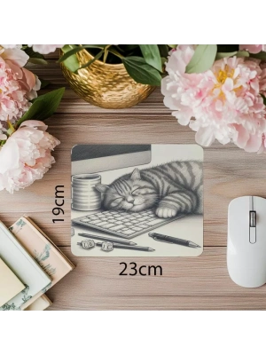 Klavye Üstünde Uyuyan Kedi Çizimli Mouse Pad - 19x23 cm 2 mm Dikdörtgen İthal Baskılı Mouse Pad