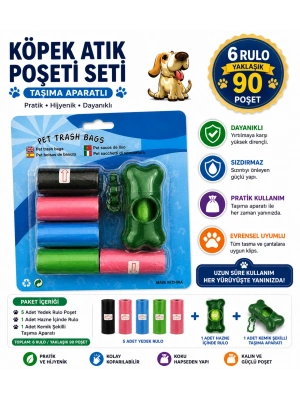 Köpek Dışkı Poşeti 6 rulo + Taşıma Aparatı Hediyeli ( 90 poşet - 6 rulo )