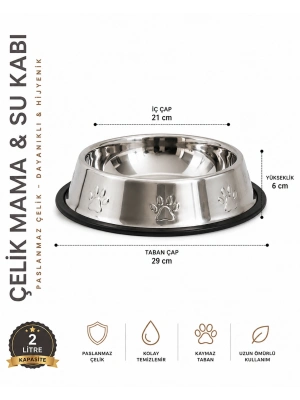 Köpekler İçin Pati Desenli Çelik Mama Su Kabı 30 Cm - 64 Oz - 2 LT