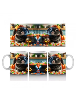 Kostümlü Hayvanlar ve Balkabaklarıyla Sevimli Cadılar Bayramı Baskılı Kupa