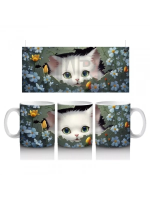 Koyu Fon Üzerinde Mavi Gözlü Sevimli Kedi – Baskılı Kahve Kupası