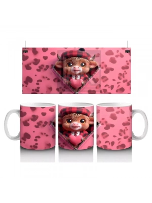 Koyu Pembe Desenli Zeminde Kalpli Boğa Figürü – Baskılı Kahve Kupası