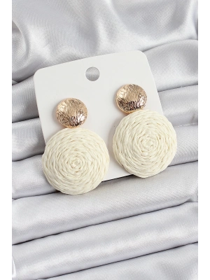 Krem Daire Figürlü Hasır Örgü Model Gold Renk Kadın Küpe