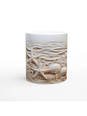 Krem Dalgalar ve Deniz Yıldızlarıyla Su Altı Temalı Kupa Bardak