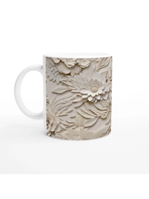 Krem Gül ve Papatya Desenli Kupa Bardak