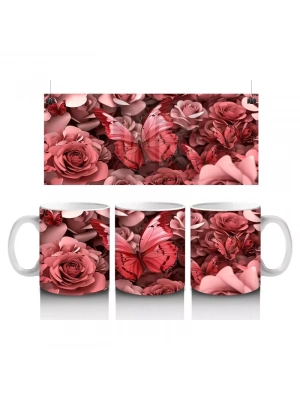 Krem Güller Arasında Kırmızı Kelebek – Baskılı Kahve Kupası