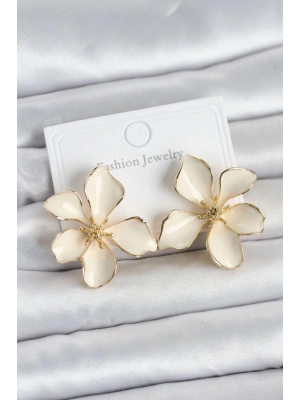 Krem Mineli Çiçek Model Pirinç Kadın Küpe