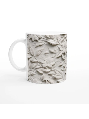 Krem Rölyef Çiçek Desenli Kupa Bardak