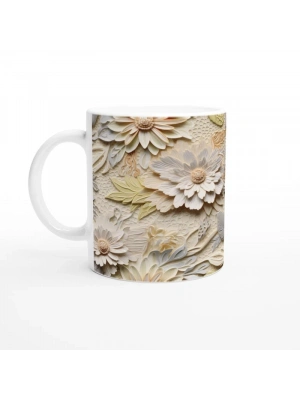 Krem Rölyef Çiçek Dokulu Kupa Bardak