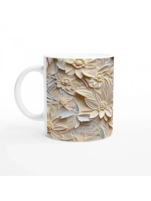 Krem Tonlarında Kabartmalı Yaprak Çiçek Desenli Kupa Bardak