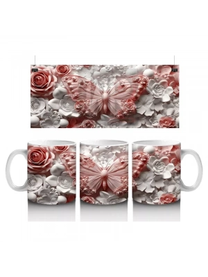 Krem ve Gül Tonlarında Çiçekler Üzerinde Şeffaf Kelebek - Baskılı kahve kupası